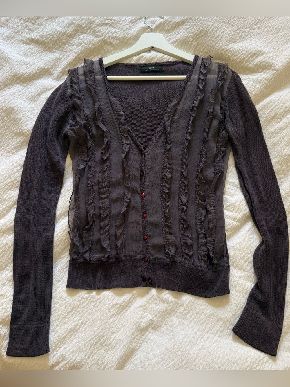 birger et mikkelsen “night” eggplant ruffle cardigan | fits s/m